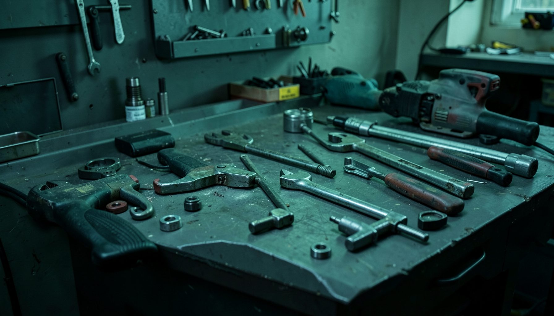 A dark grey workshop bench with rugged power tools arranged neatly, lit by cool green-tinted light
