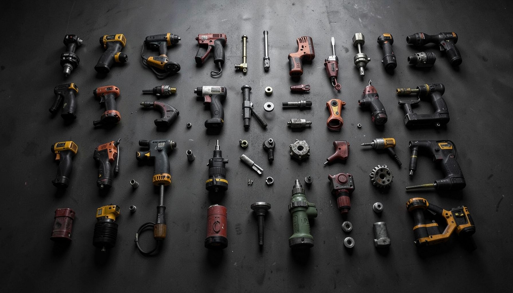 A neatly arranged grid of power tools on a dark grey surface, softly lit from above with a moody industrial atmosphere