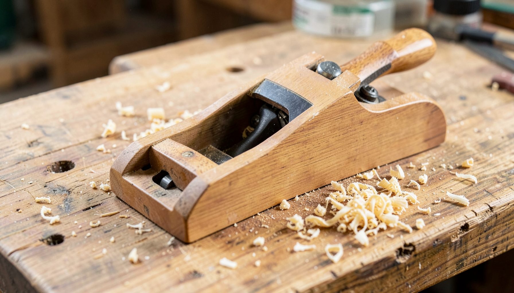 A wood planer tool resting on a timber workbench with wood shavings scattered around