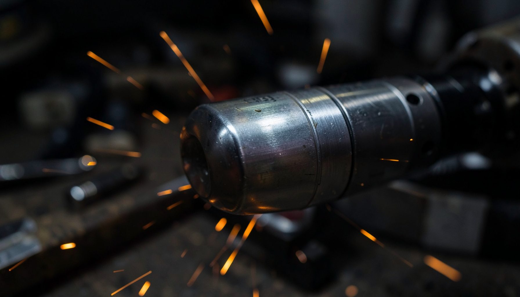 Close-up of a brushed-metal power tool body with subtle orange sparks against a dark workshop background