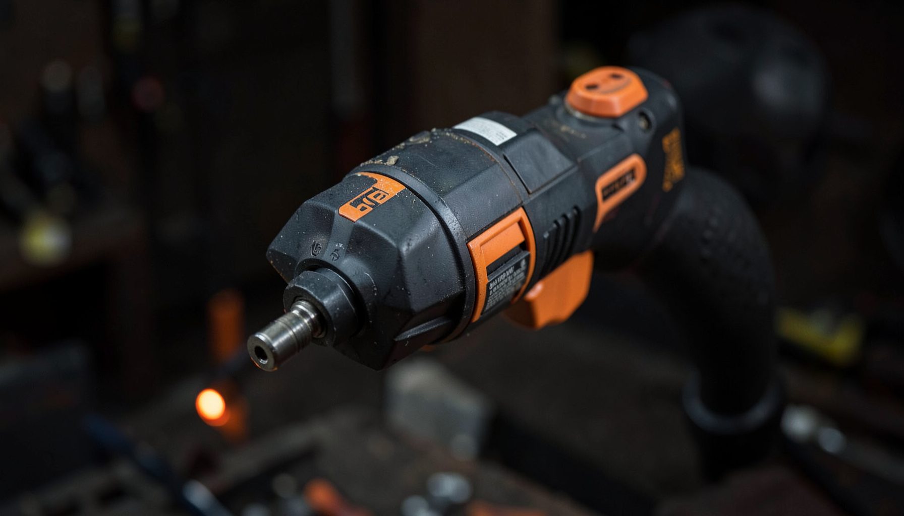 Close-up of a modern power tool with orange accents against a dark workshop background