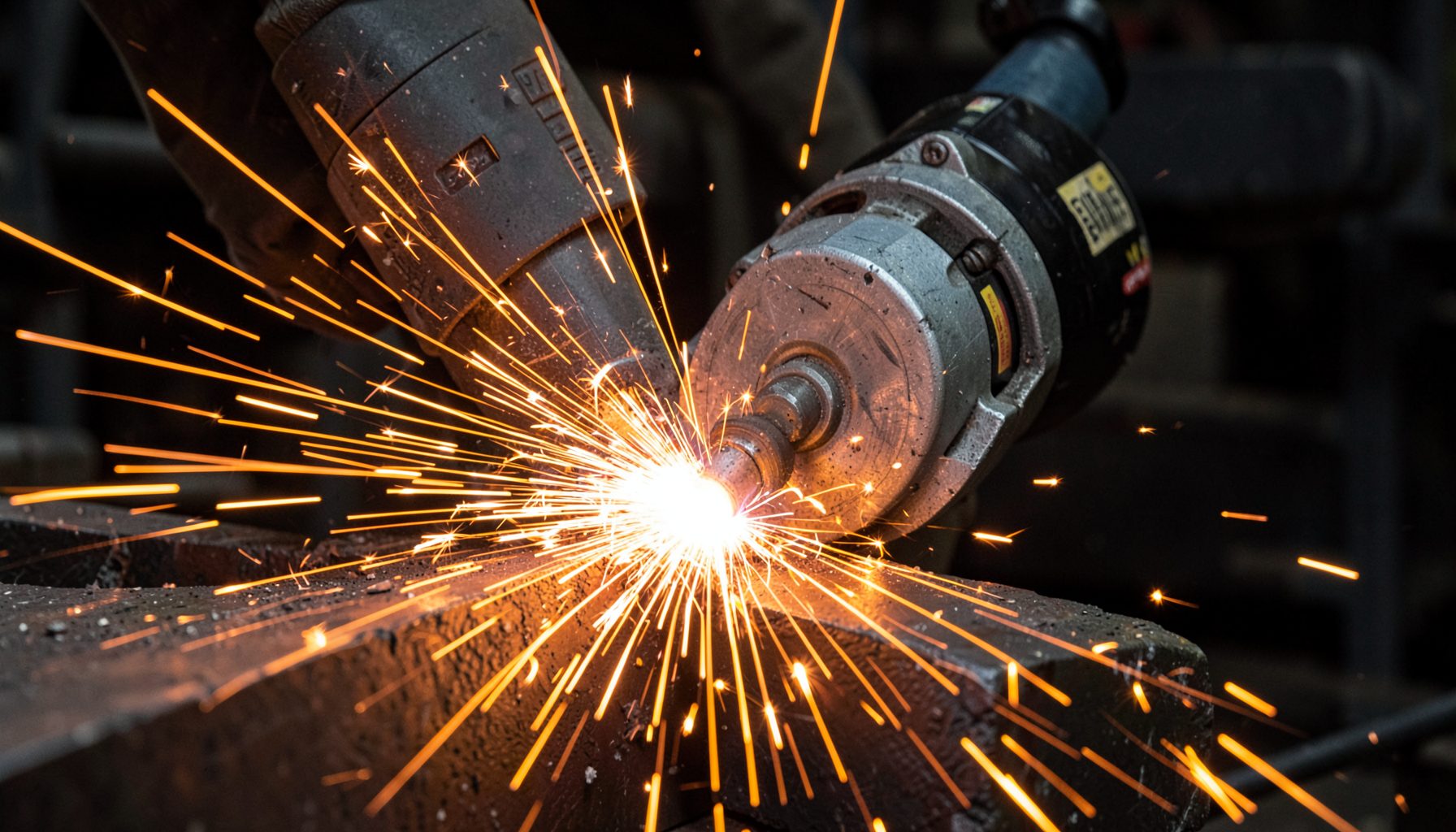 Close-up of bright orange sparks flying from an angle grinder cutting through steel, dark industrial background
