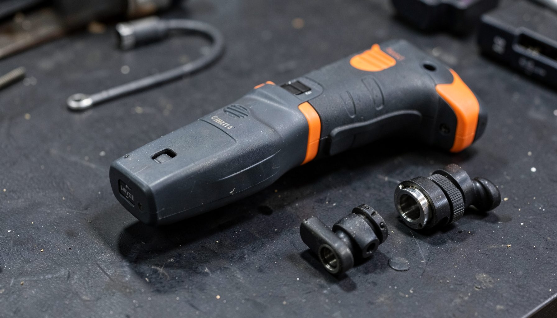 Compact 12-volt cordless multi-tool body with dark grey and orange accents, interchangeable head attachments nearby on a dark workshop surface