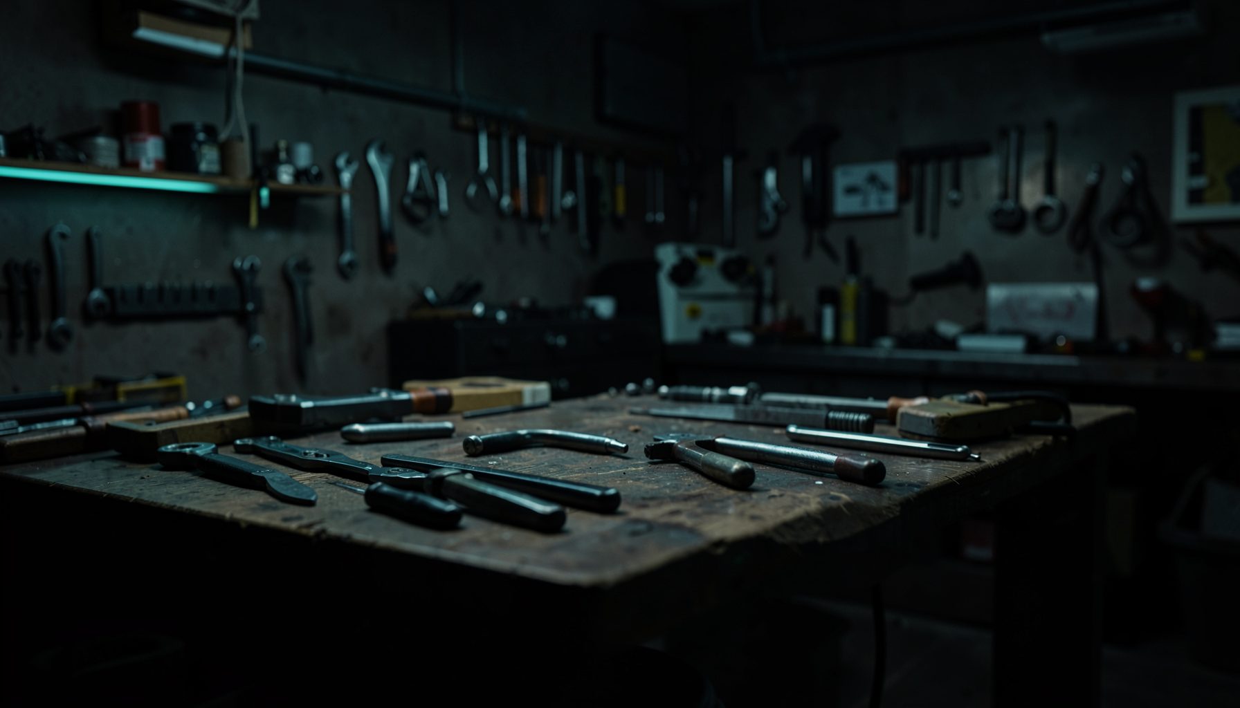Dark atmospheric image of a professional workshop environment with tools arranged on a bench, subtle teal accent lighting