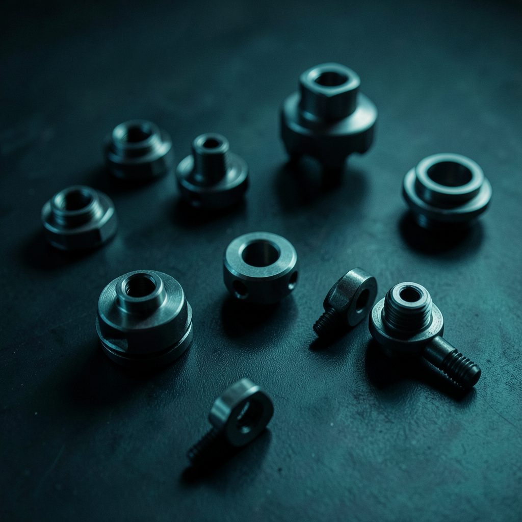 Dark atmospheric image of precision metal components and tool heads arranged on a shadowy surface with subtle teal highlights