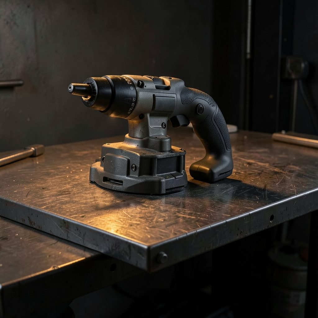 Dark industrial workshop bench with a professional power tool resting on a textured steel surface, warm amber accent lighting against deep charcoal shadows