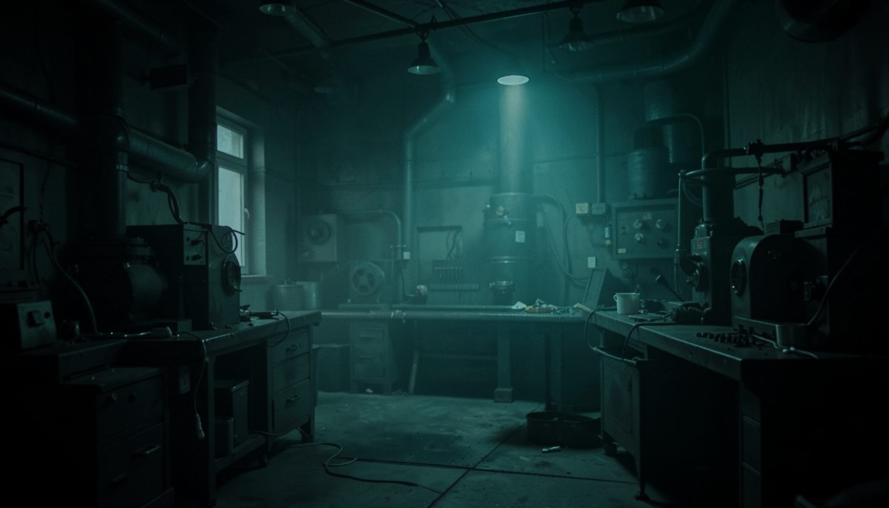 Dark industrial workshop environment with soft teal ambient glow and subtle machinery outlines