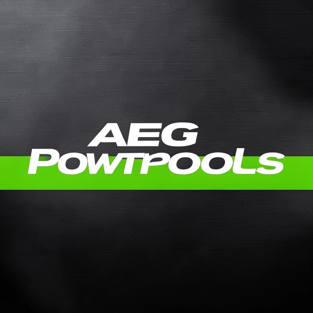 Dark metallic background with the AEG Powertools logotype in bold white letters and a bright green accent stripe