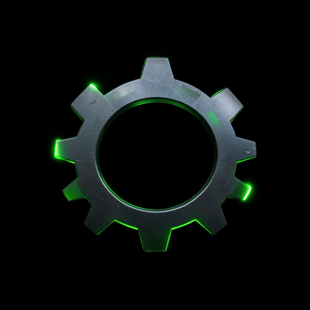 Dark metallic gear emblem with neon green accent on a black background