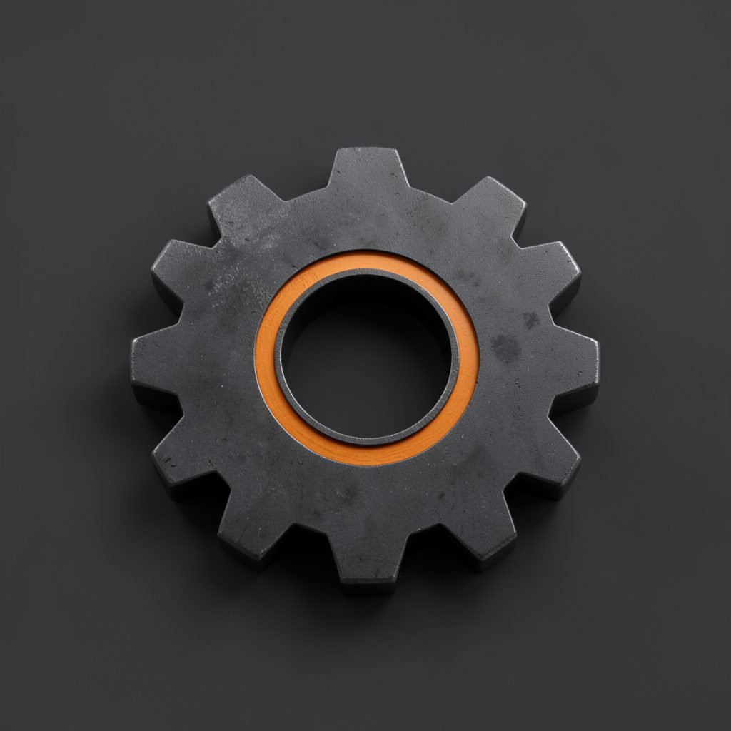 Dark metallic gear icon with an orange accent, set against a deep charcoal background
