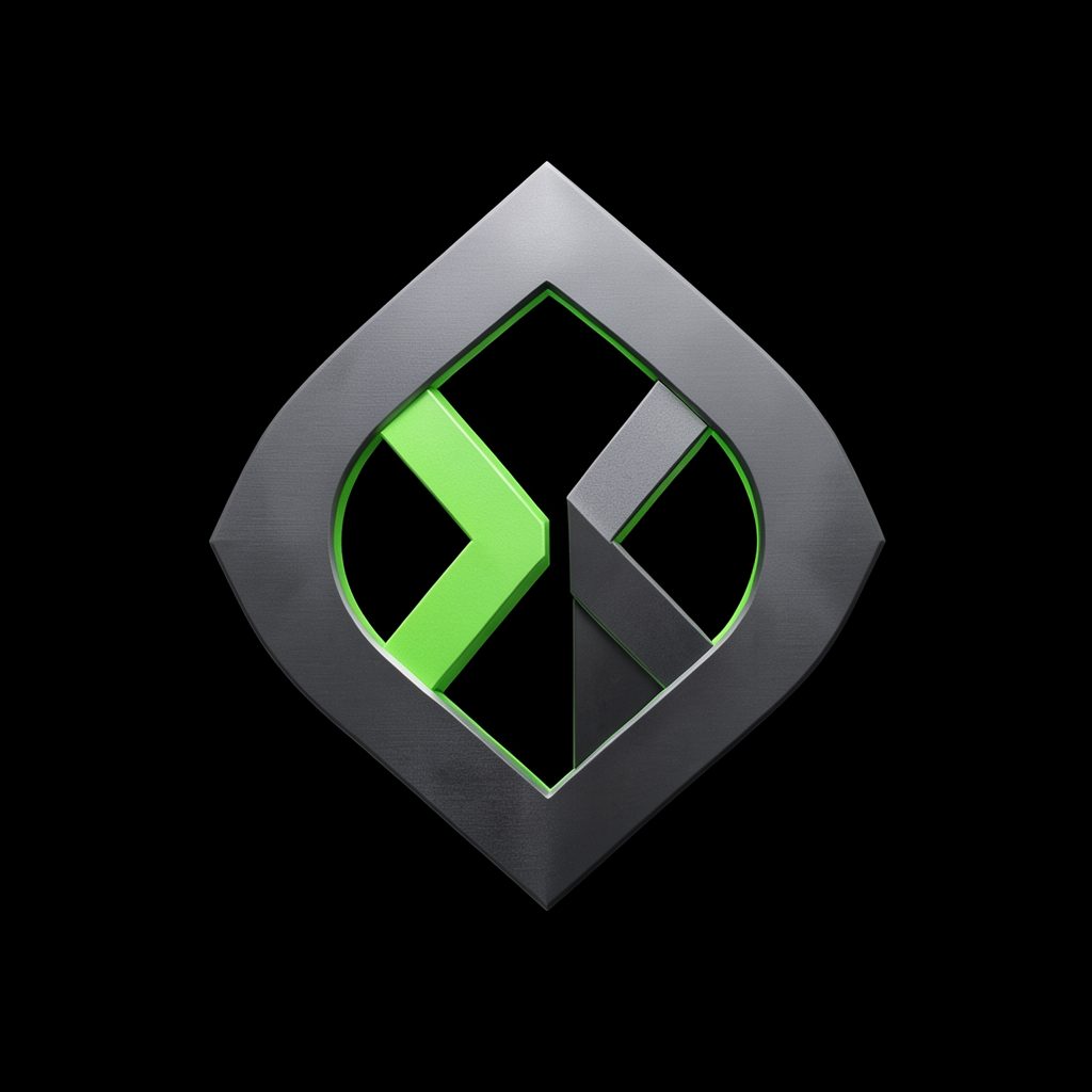 Dark metallic grey and neon green abstract geometric emblem on black background