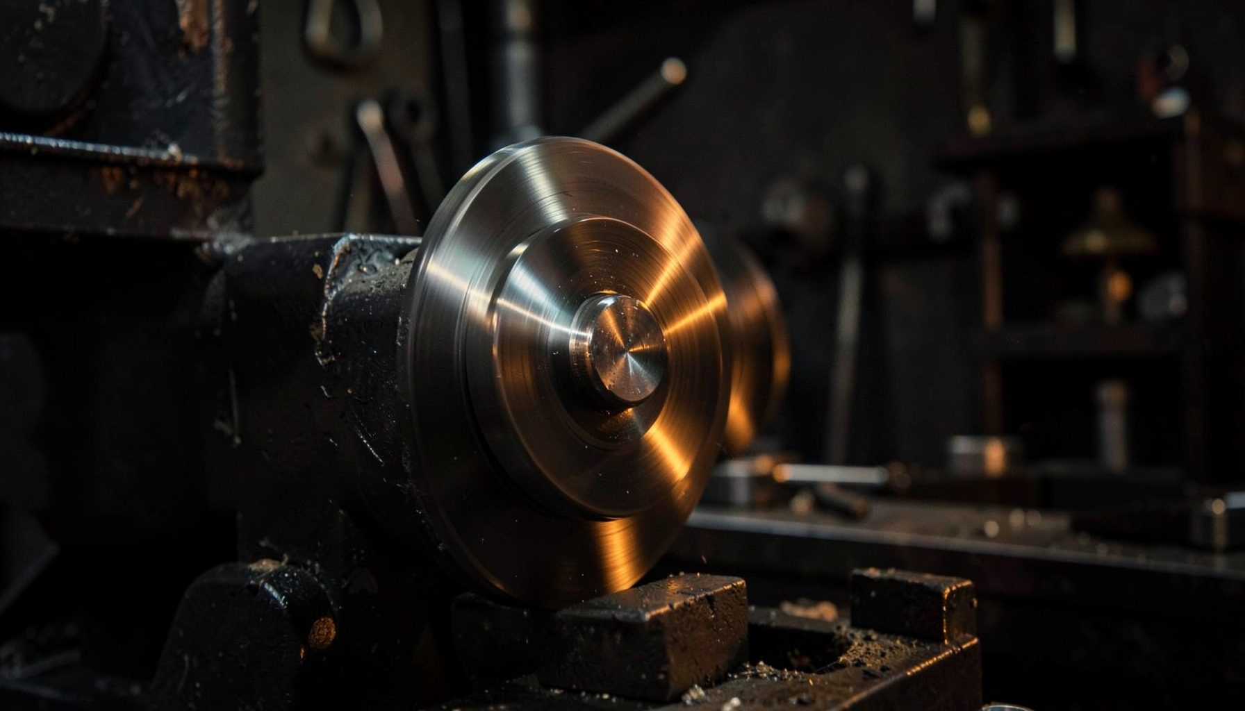 Dark workshop scene with a metallic grinding disc spinning against steel, warm amber glow reflecting off the tool body