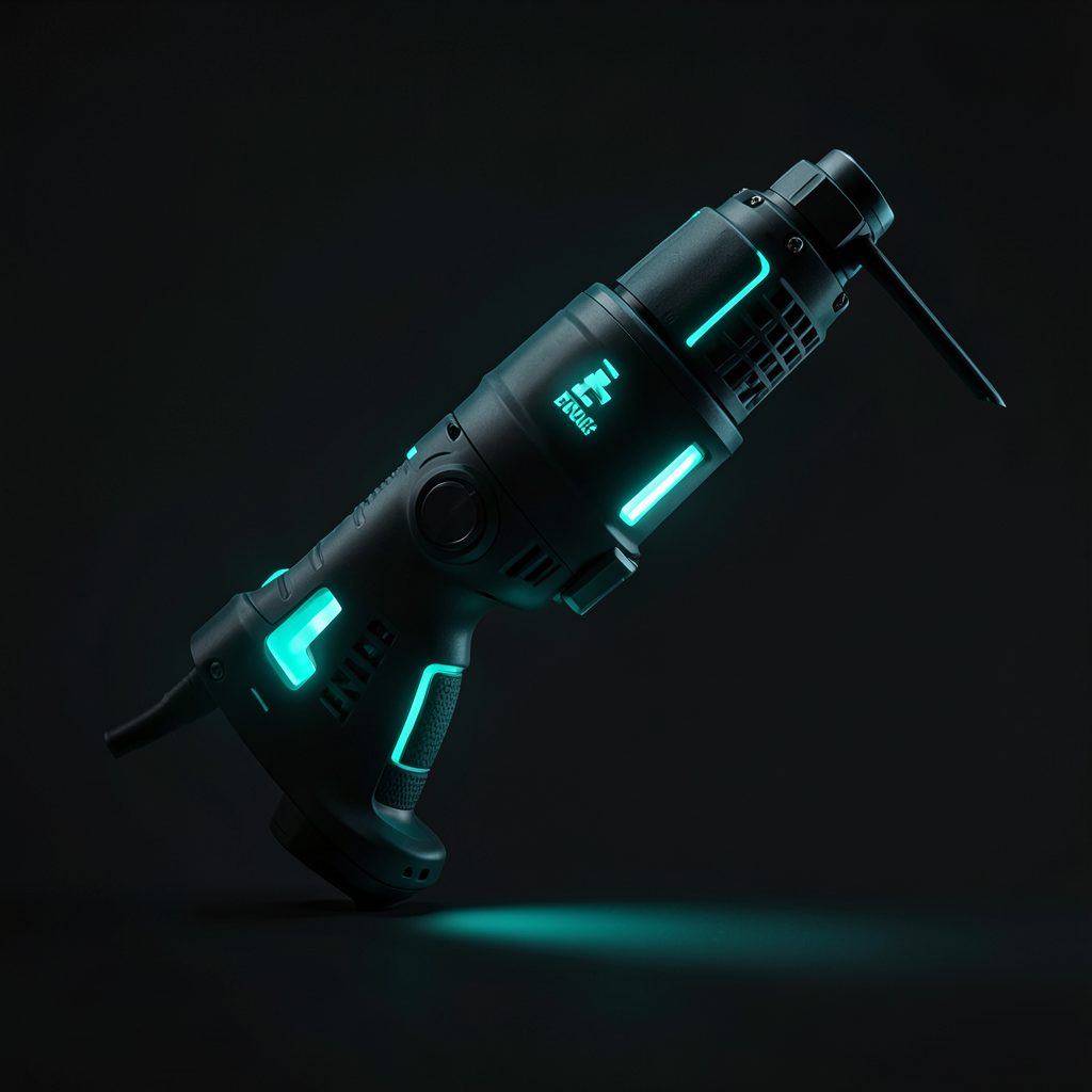 Glowing futuristic power tool silhouette against a dark charcoal background with teal accent lighting, conveying industrial strength and innovation