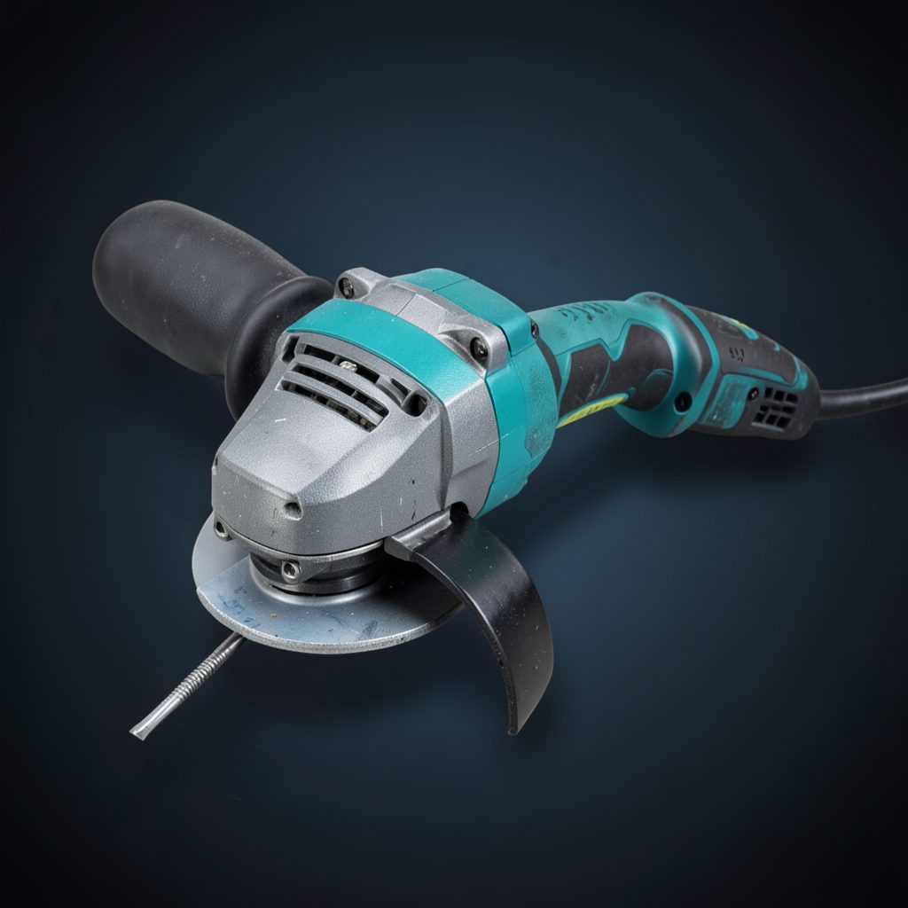 Heavy-duty angle grinder with teal-accented body against a dark gradient background, emphasizing industrial power and precision