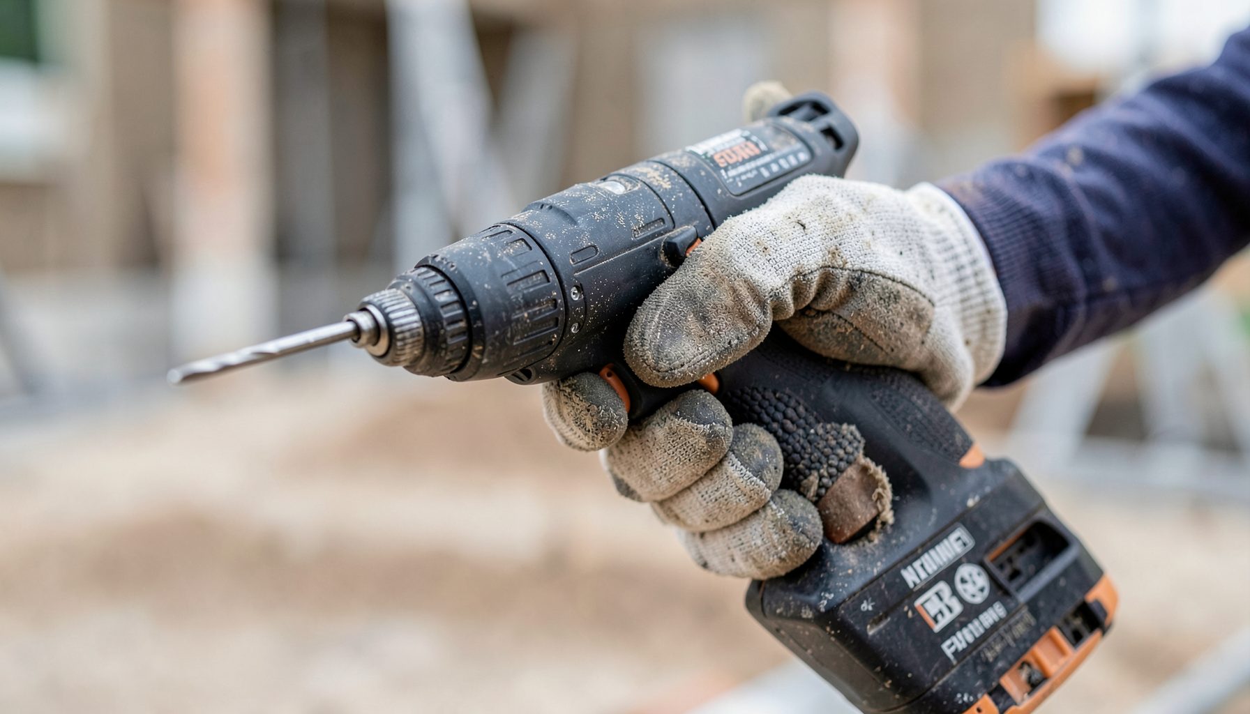 Professional tradesperson's gloved hand holding a compact cordless drill against a softly blurred construction background