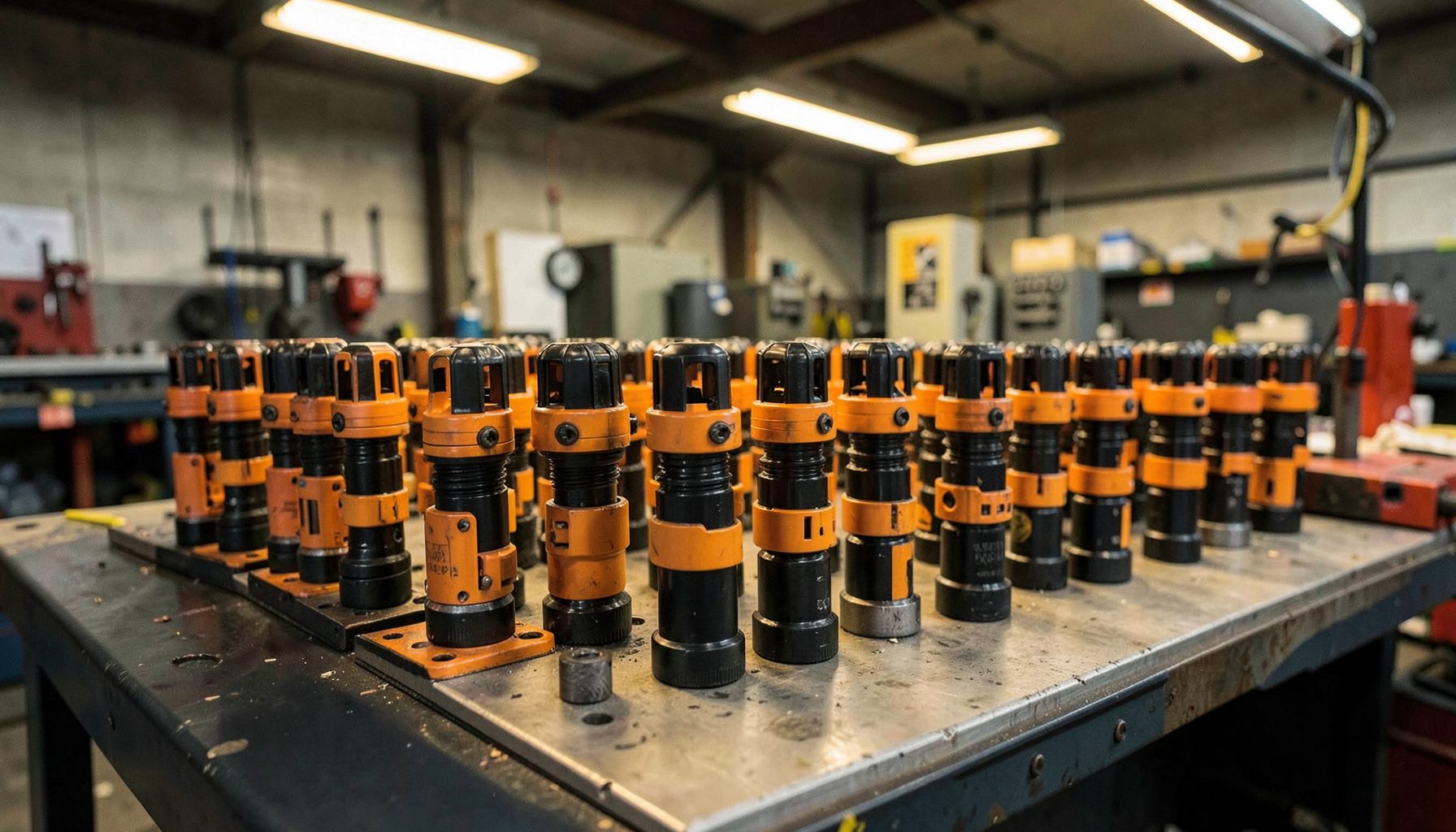 Rows of heavy-duty percussion drills with orange and black housings arranged on an industrial workbench under warm overhead lighting