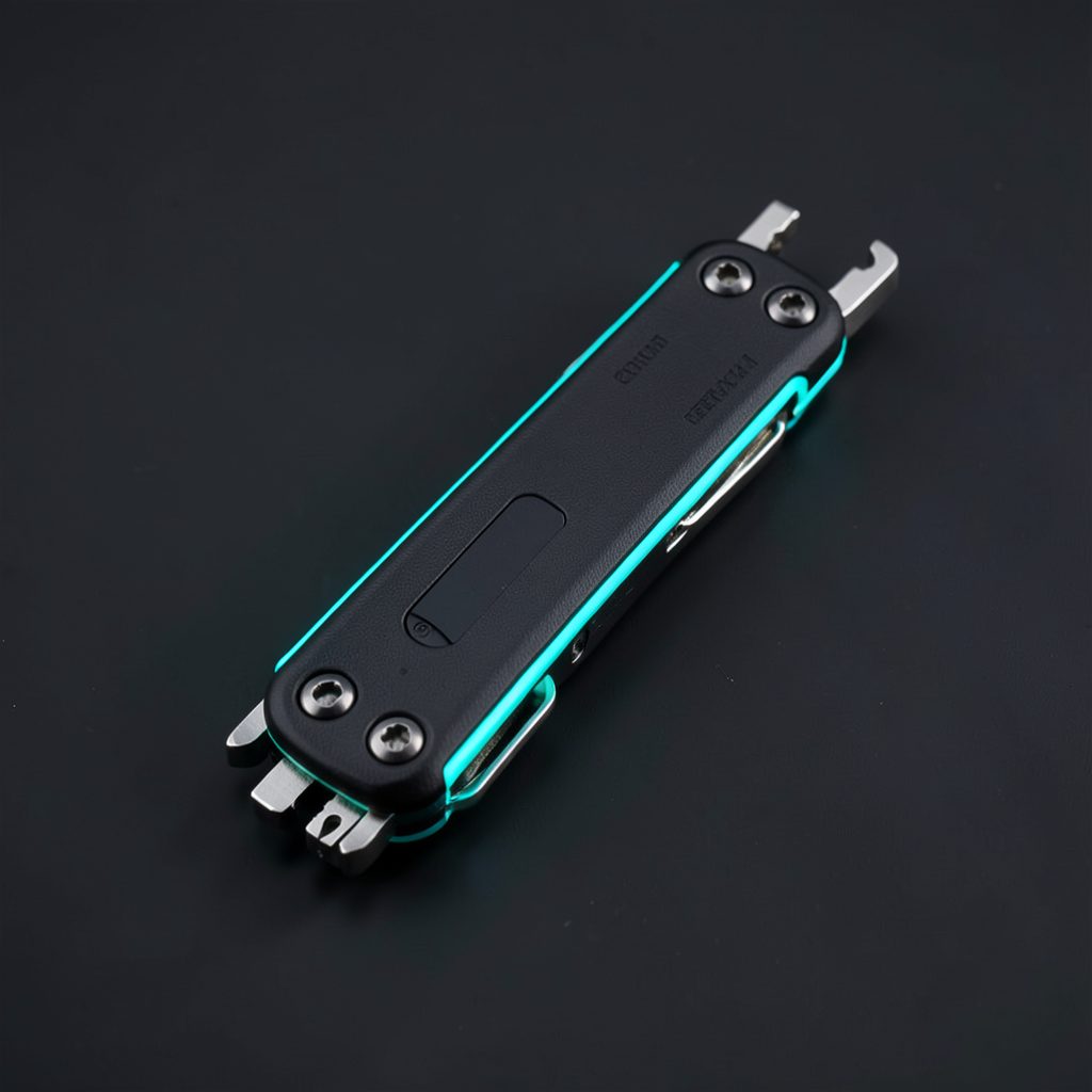 Sleek compact multi-tool with interchangeable heads, glowing teal accents against a dark background, conveying versatility and modern cordless design