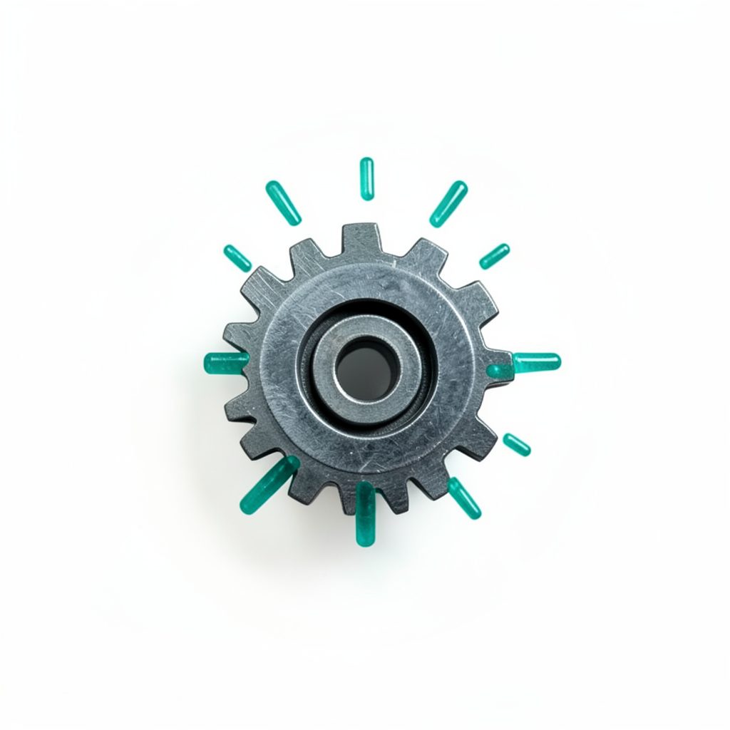 Small circular icon of a grinding wheel with teal sparks, symbolizing metalworking tools