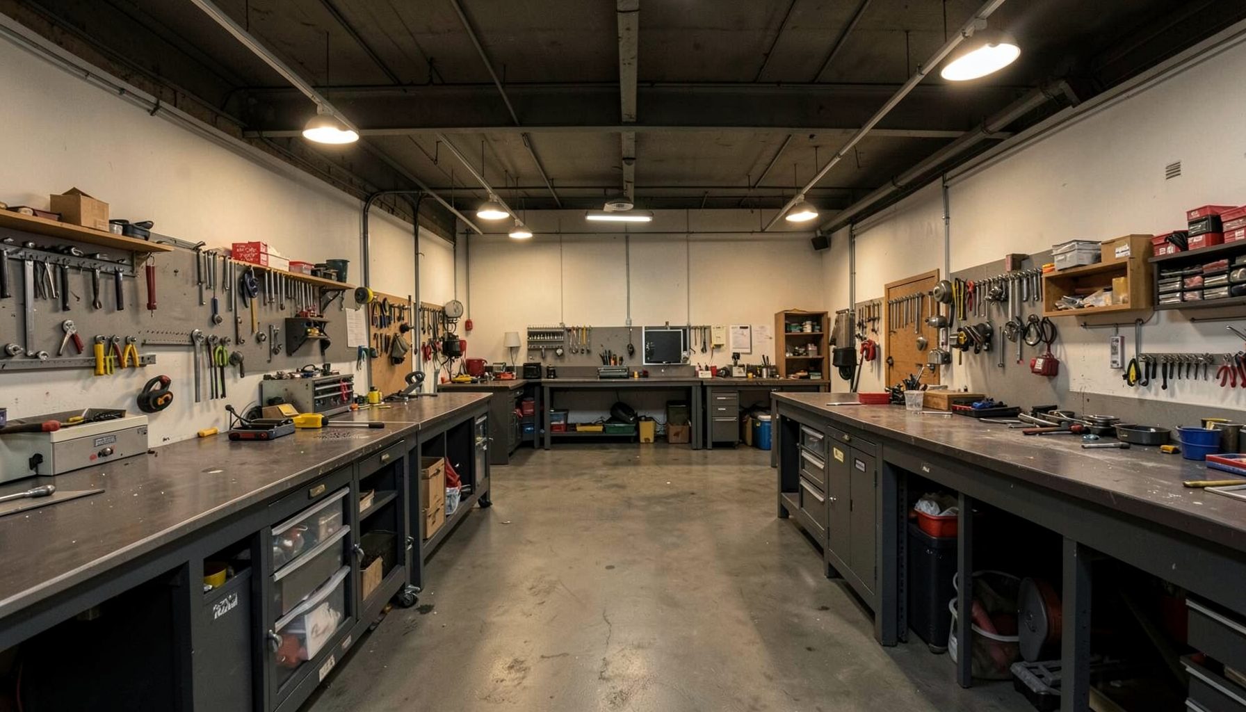 Wide shot of a professional workshop interior with dark grey workbenches and warm overhead lighting, conveying an industrial atmosphere
